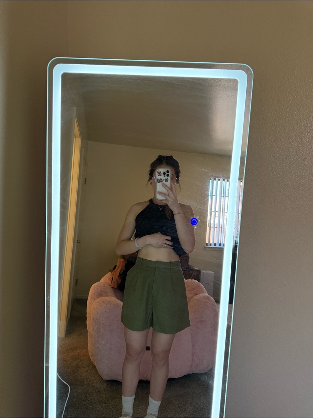 High-Waist Olive Green Pleated Shorts